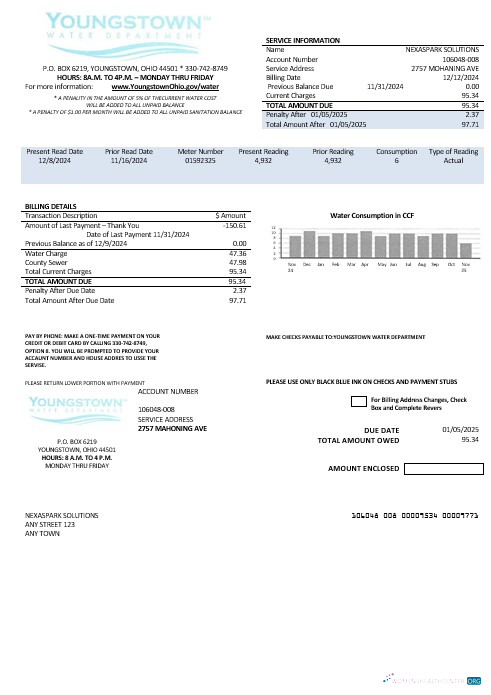 USA Youngstown Water Department business utility bill template in Word and PDF formats
